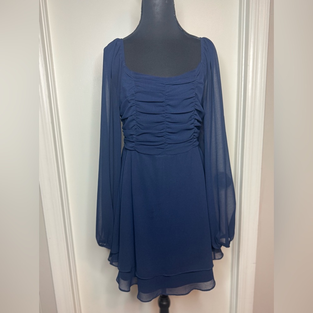 Altar'd State Navy Blue Smocked Long Sleeve Square Neck Sheer Mini Dress